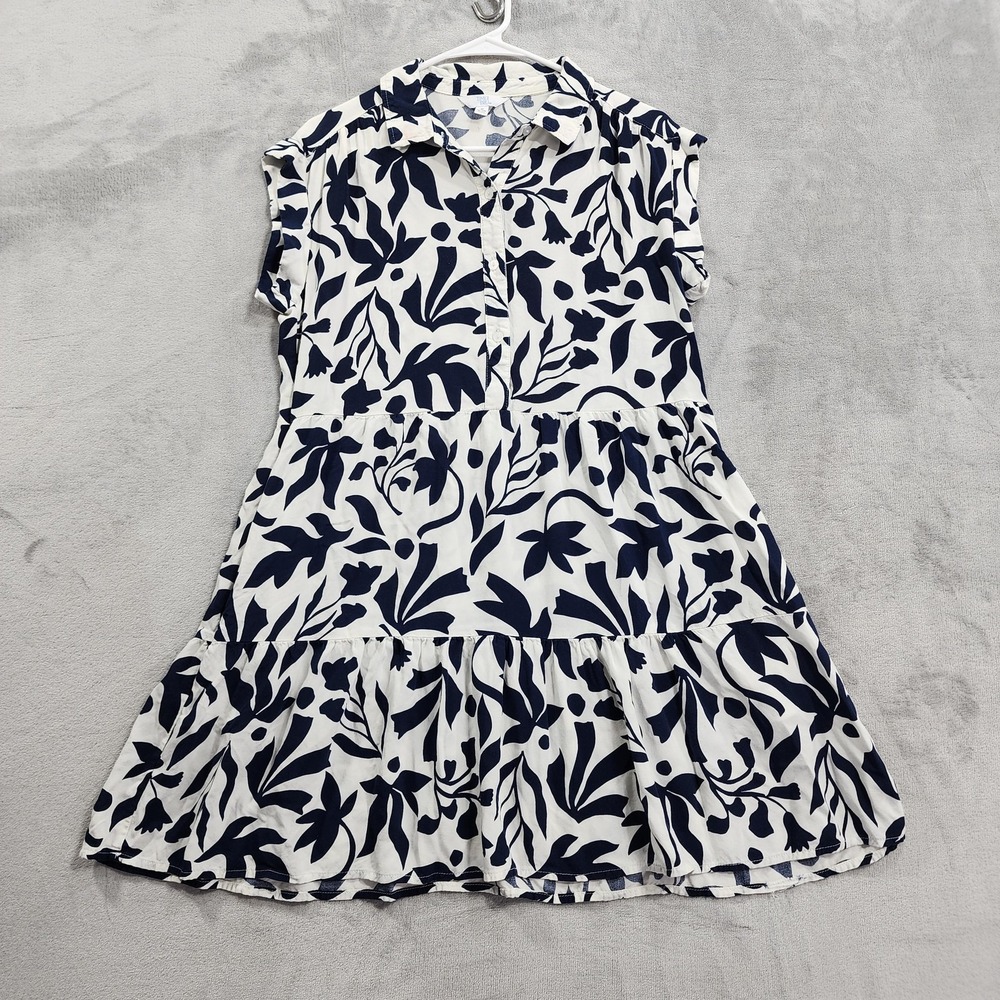 Time And Tru Dress Womens M White Blue Floral Collared Shirt Pockets Tiered Mini